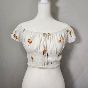 2 For 20 Kendall & Kylie Puff Sleeve Smocked Crop Top White Orange